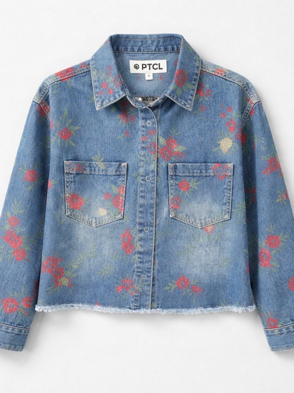 PTCL Floral Denim Button-Up Jacket - Blue with Red Flowers